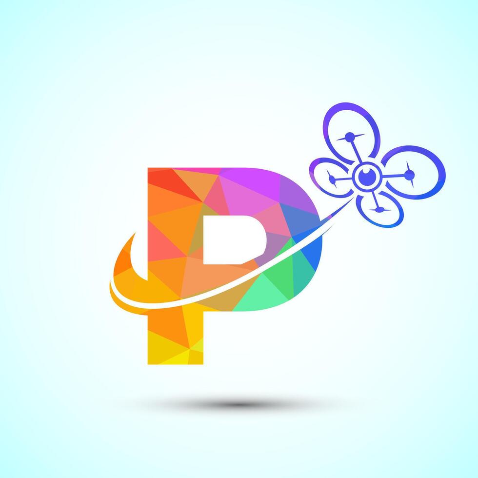 Letter P drone logo design template. Drone technology logo sign low poly style vector