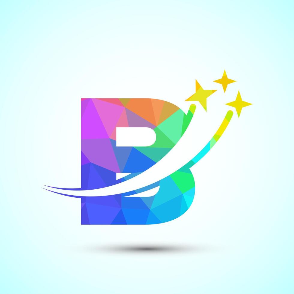 English alphabet B with swoosh and star sign. Shooting star logo design template low poly style vector