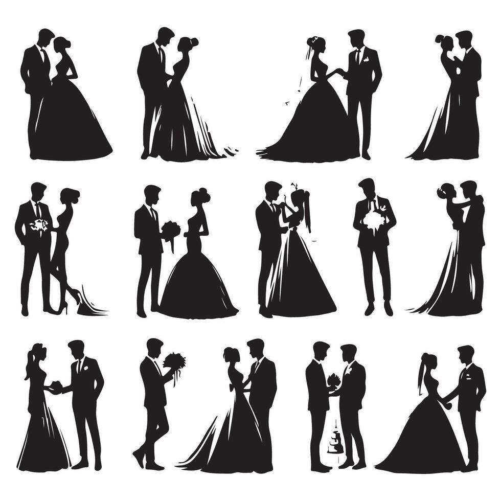 A display of wedding couples in silhouette style vector