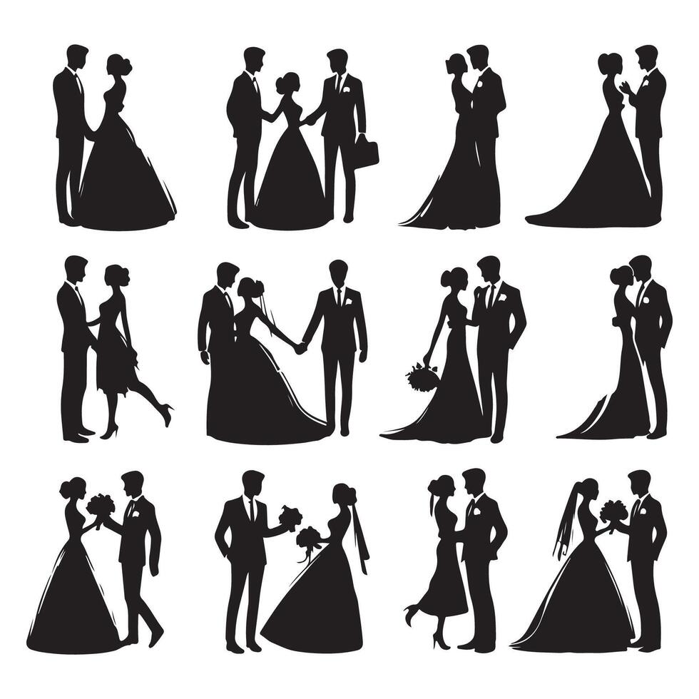 Silhouetted group of couples on their wedding day vector