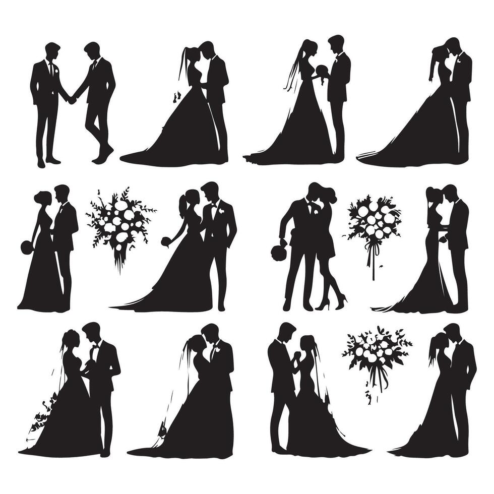 Wedding couple silhouettes in a romantic setting vector