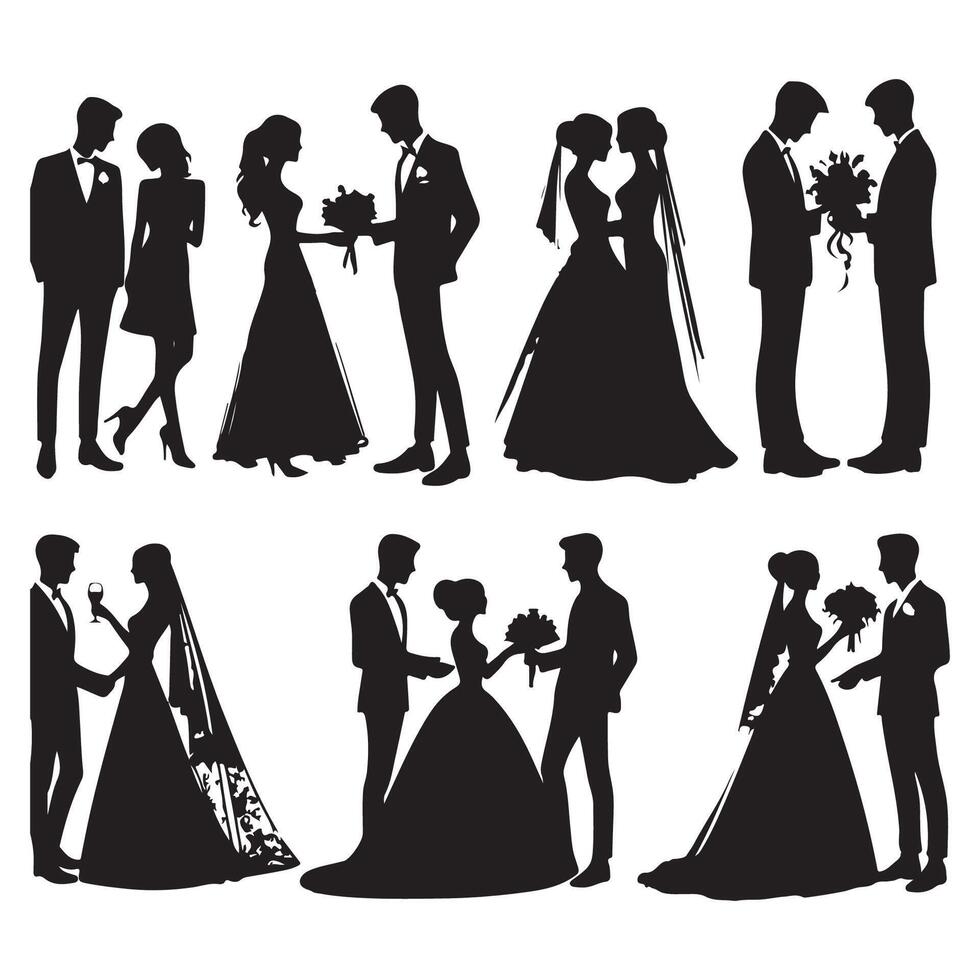 Wedding couple silhouettes in various poses vector