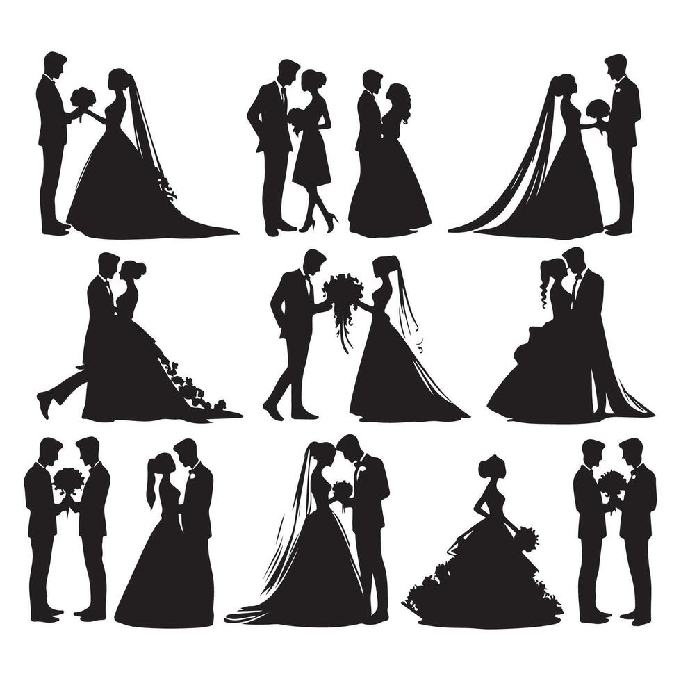 A series of silhouettes showcasing wedding couples vector