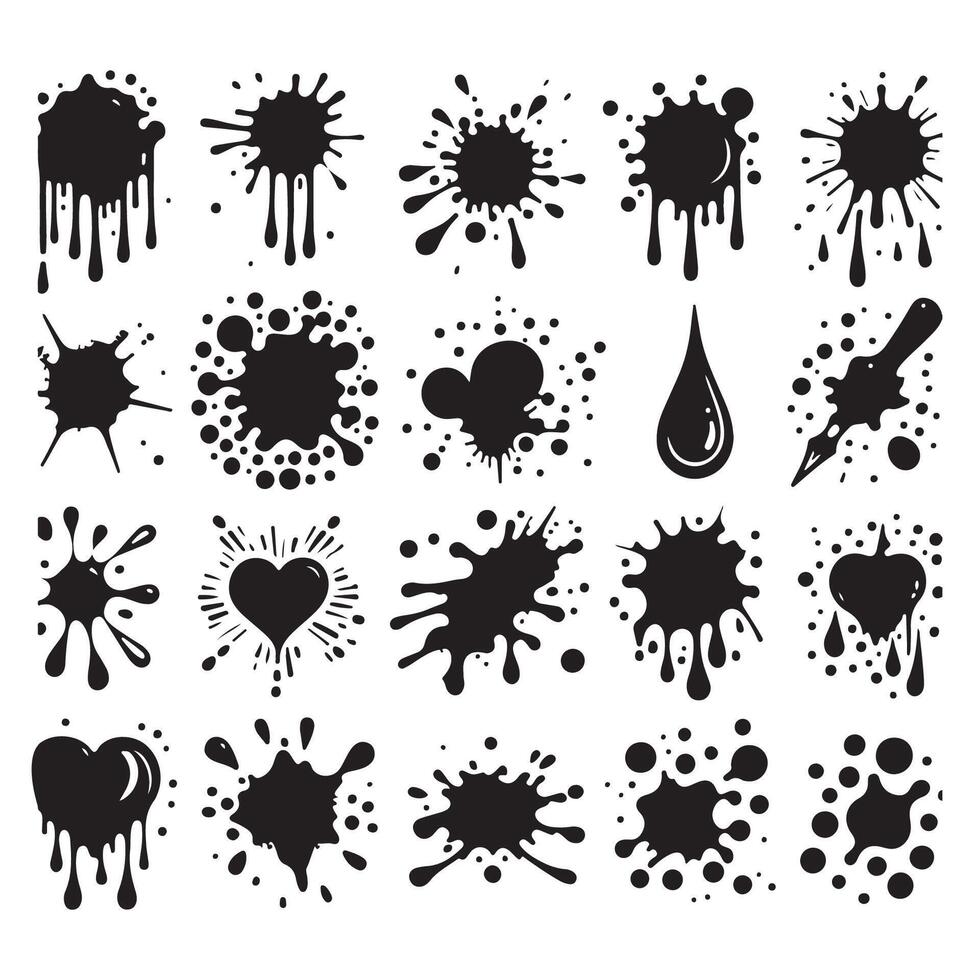Ensemble of ink blots and drips in silhouette vector