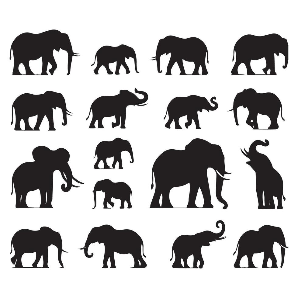 Group of silhouetted elephants standing out against white vector