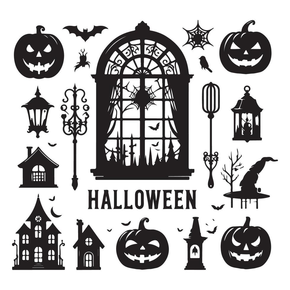 Halloween window silhouette cutouts placed on a clean white background vector