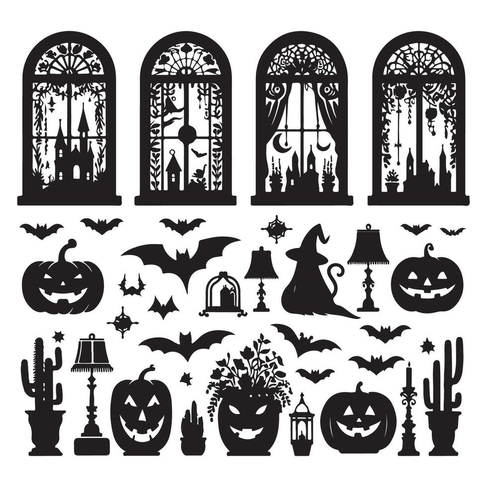Halloween window silhouette set displayed against a white background vector