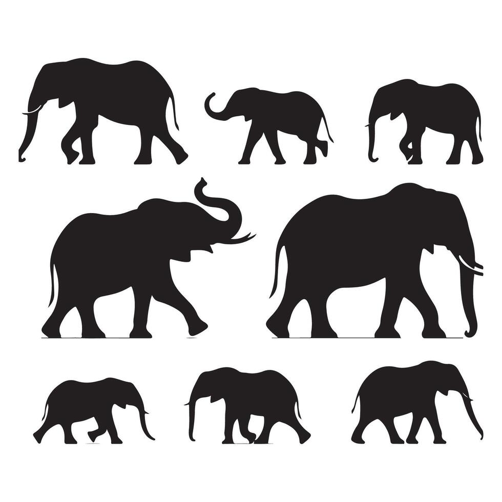 Collection of black elephant silhouettes shown against white vector