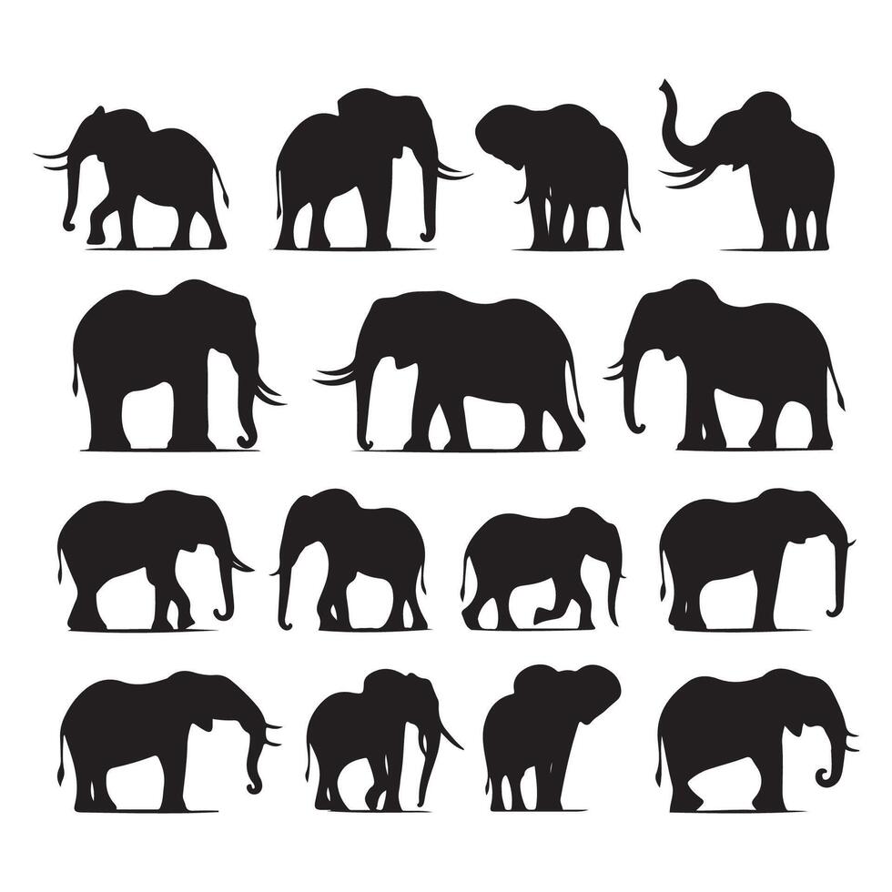 Array of dark elephant silhouettes against a white canvas vector