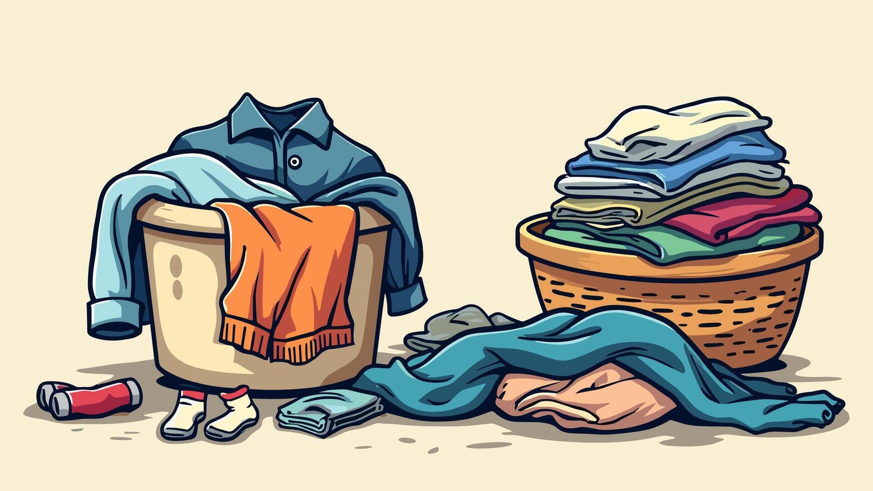 Illustrations of laundry items, featuring a mix of clean clothing and dirty apparel like jeans, t-shirts, and socks, isolated on white. vector