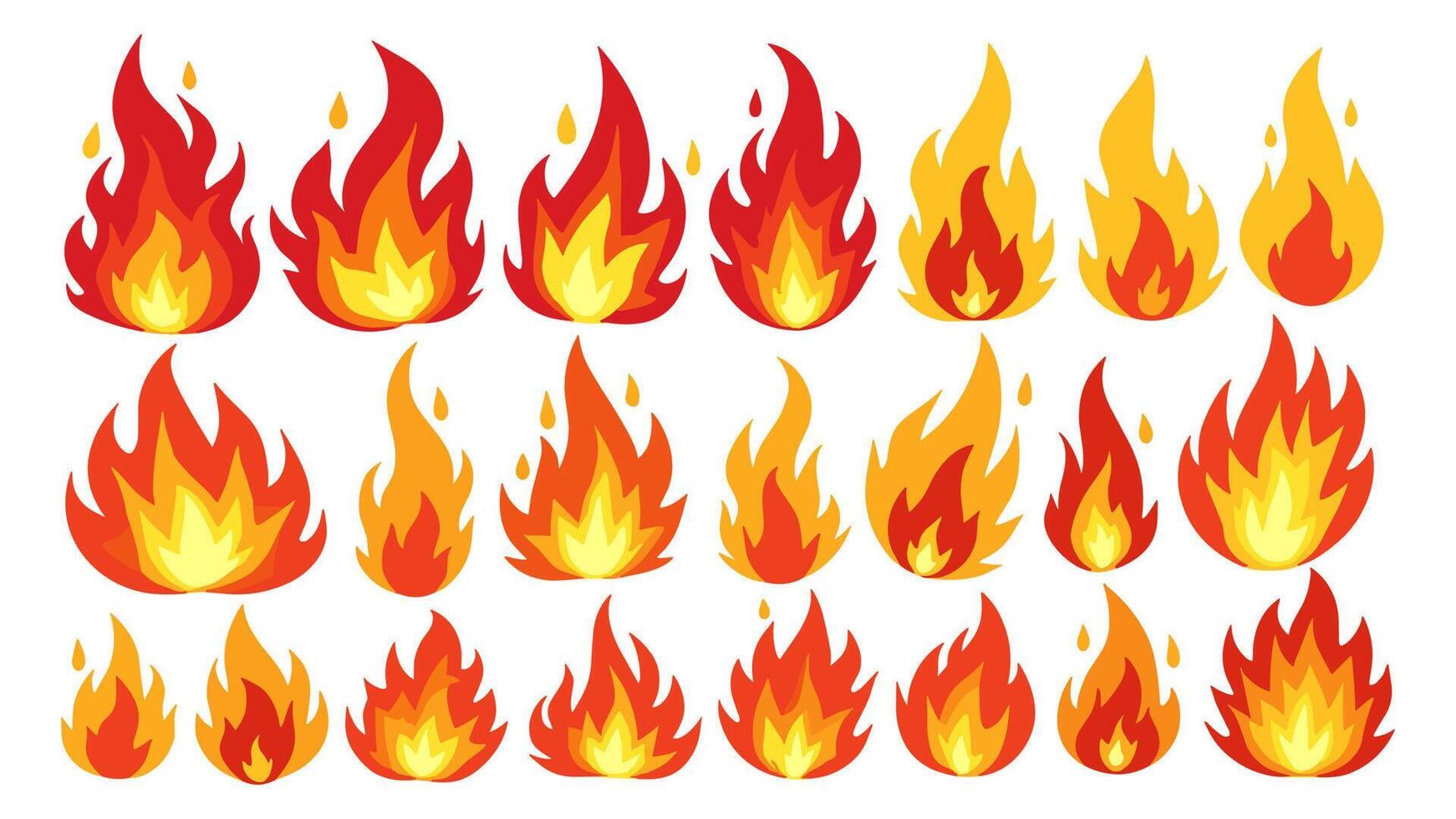 Set of cartoon fire illustrations, including fireballs, campfires, and bonfires, highlighting the power and energy of flames. vector
