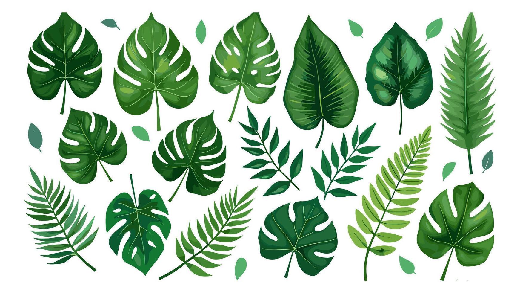 Tropical leaves set showcasing exotic plants such as Caladium, Fatsia, Calathea, Alocasia, Howea, and liane, all isolated on a clean white background. vector