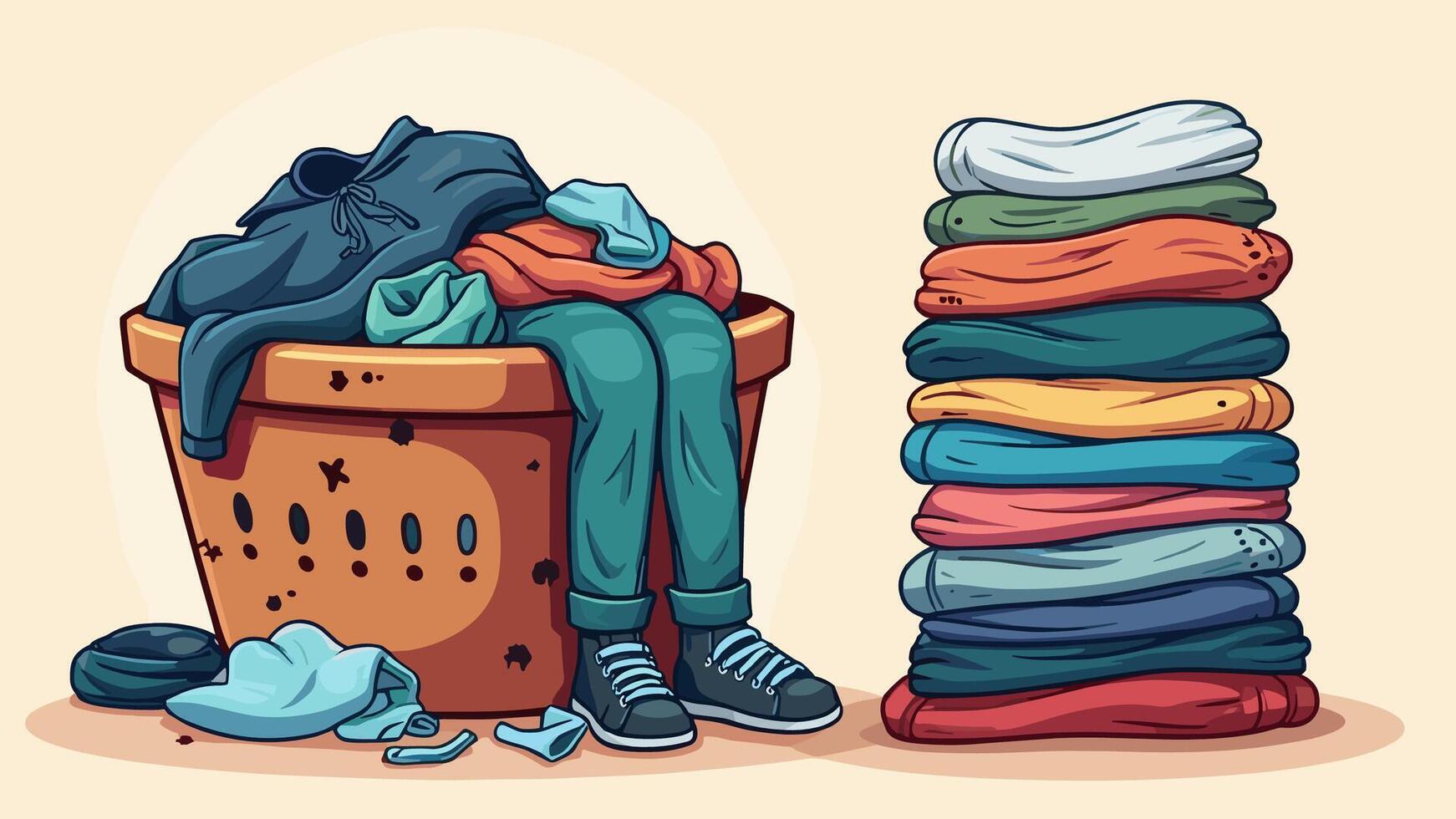 Dirty and clean clothes flat illustrations set. Laundry collection. Pile of washed clothing, apparel with stains in basket. Dirty jeans, t shirt and socks isolated design elements on white. vector