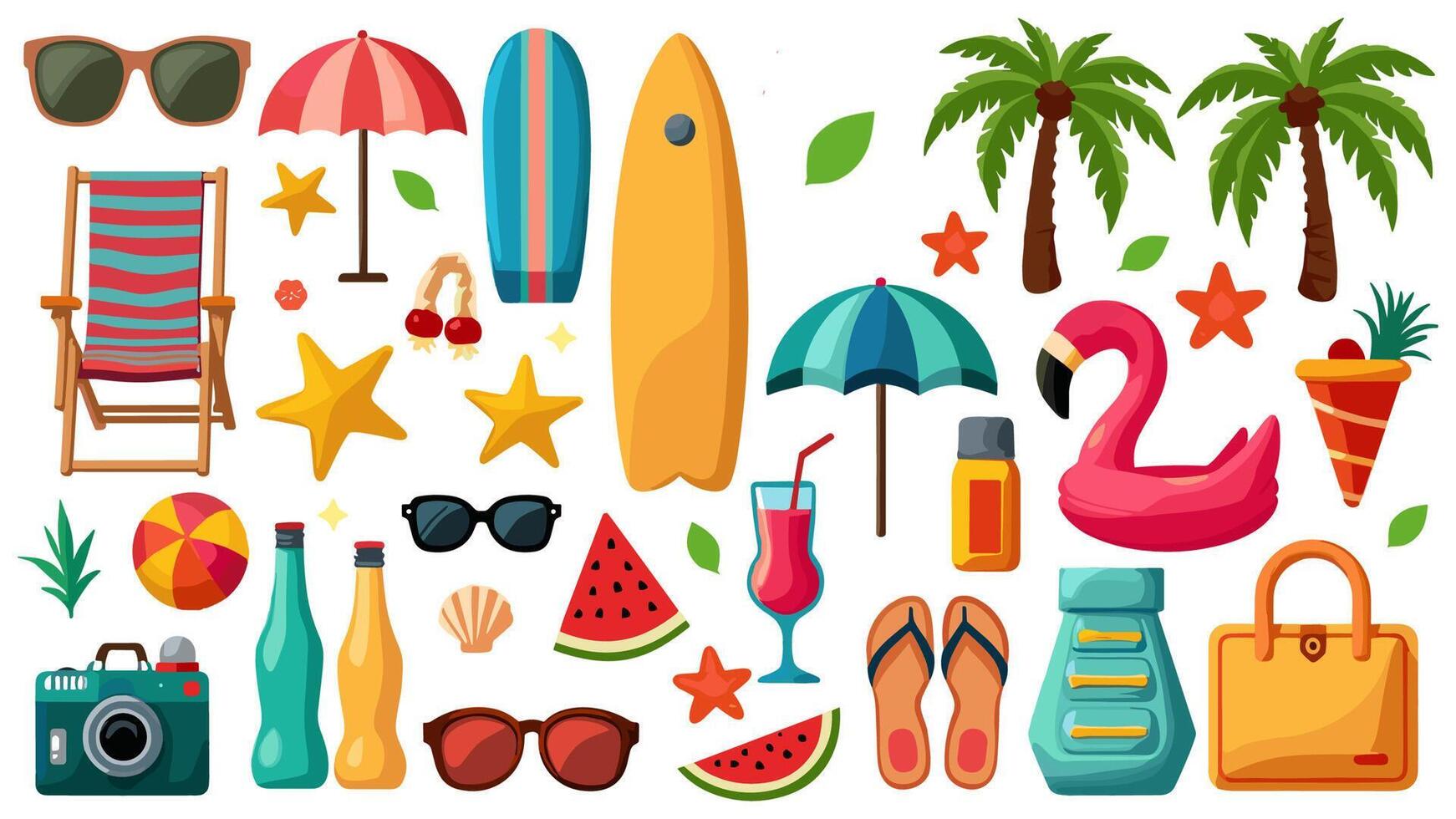 Cartoon summer elements set featuring travel and beach accessories, including cocktails, ice cream, exotic fruits, palm trees, and a surfing board. vector