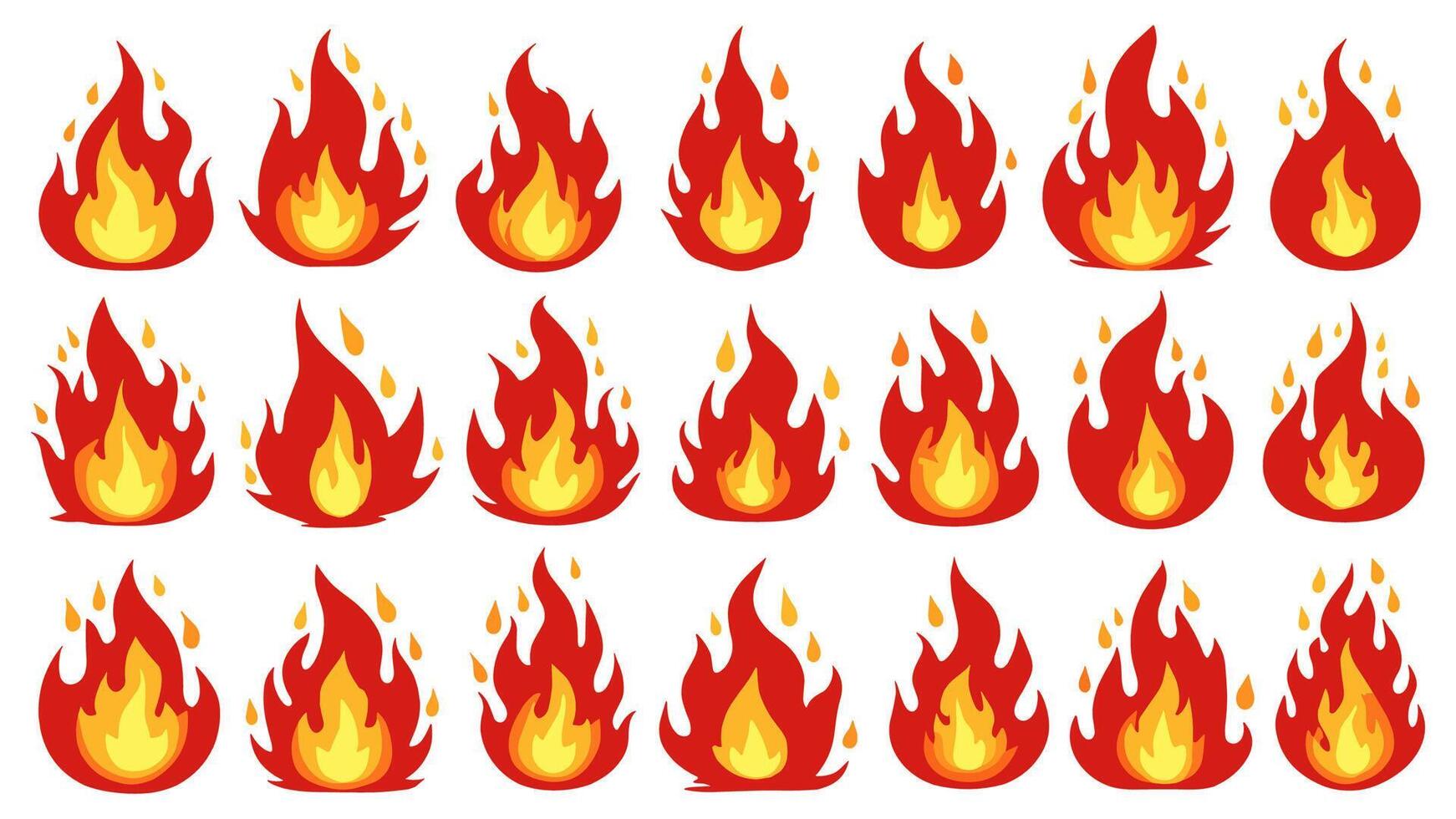 Isolated cartoon flame illustrations, featuring red hot campfires, yellow wildfires, and fireball energy in a vibrant set. vector
