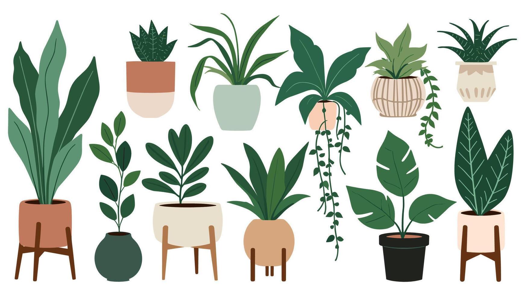 Set of pot plants featuring decorative plastic containers and hanging baskets for indoor styling in an urban garden collection. vector