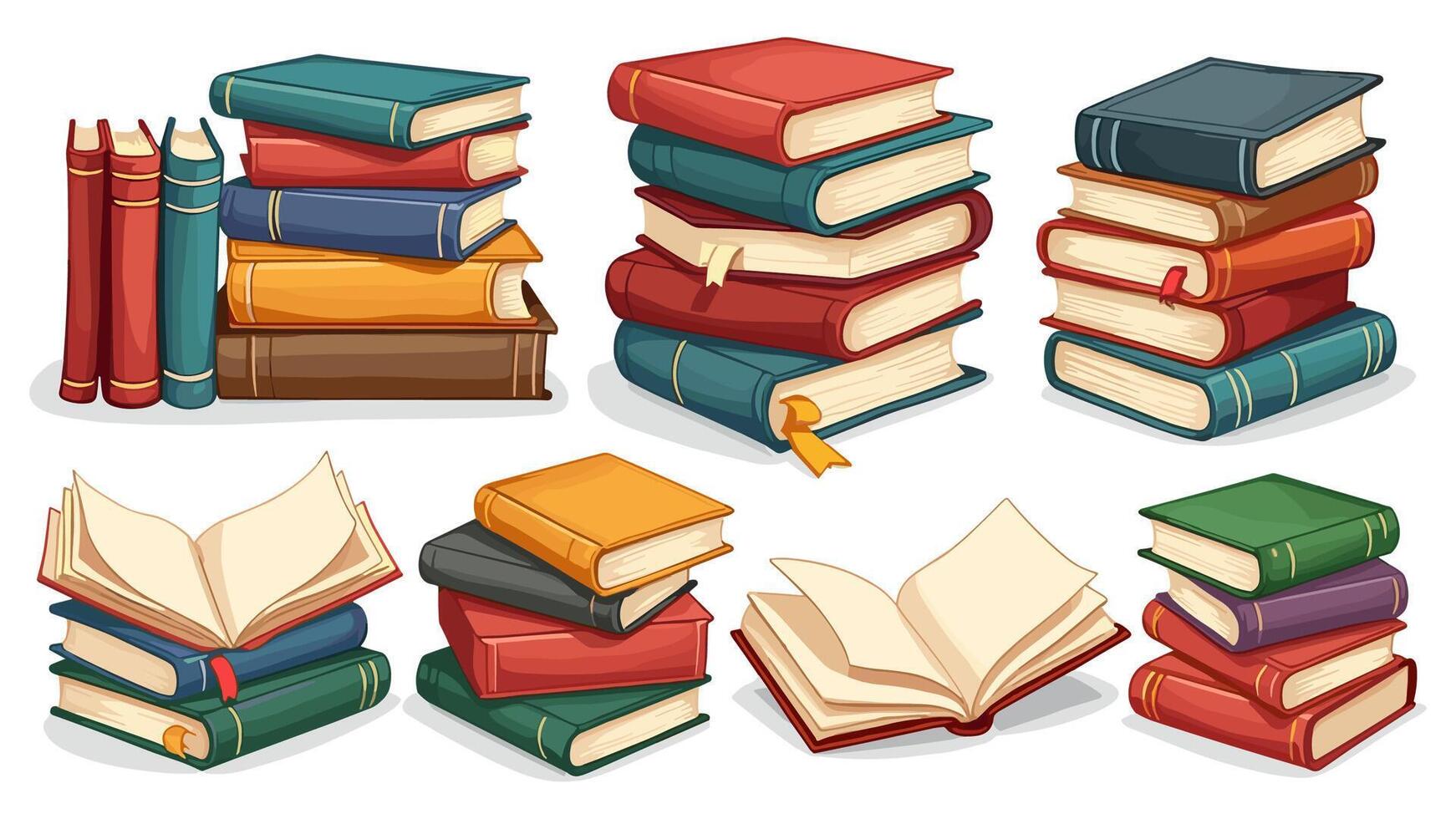 Set of literature featuring stacks of books, dictionaries, encyclopedias, and planners with bookmarks, illustrated in a flat style and isolated on white. vector