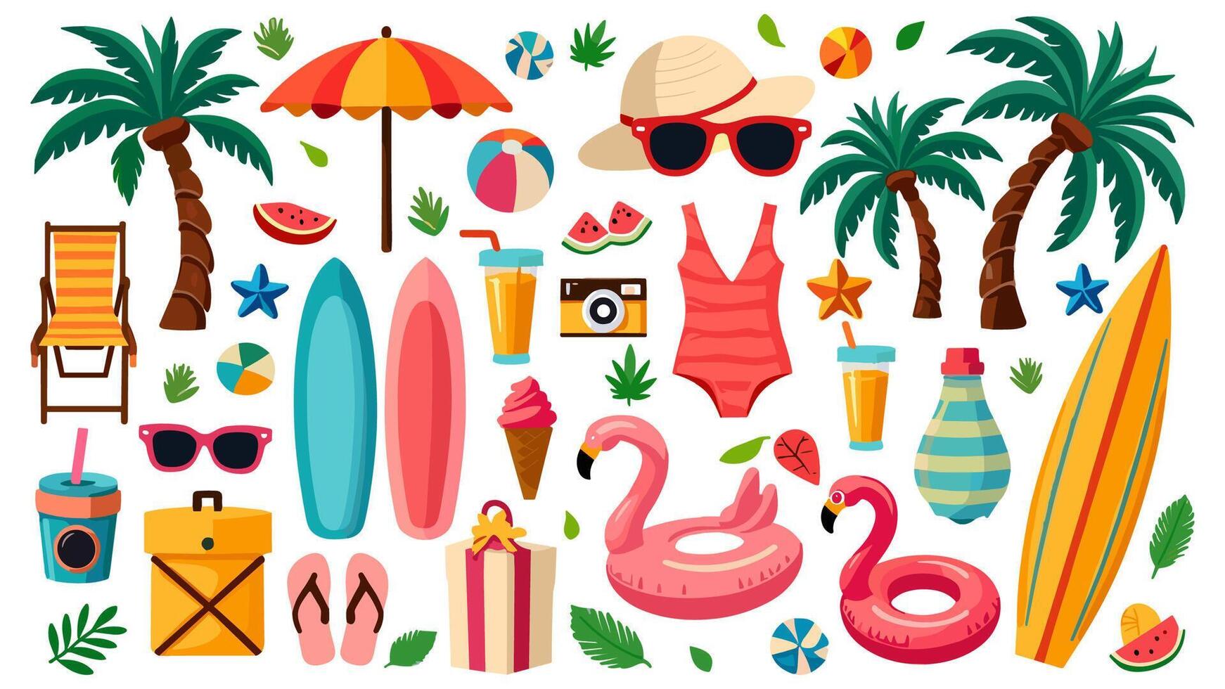 Cartoon summer elements, travel, beach, summertime accessory. Cocktails, ice cream and exotic fruits illustration set. Palm and serfing board. Umbrella and sunglasses vector