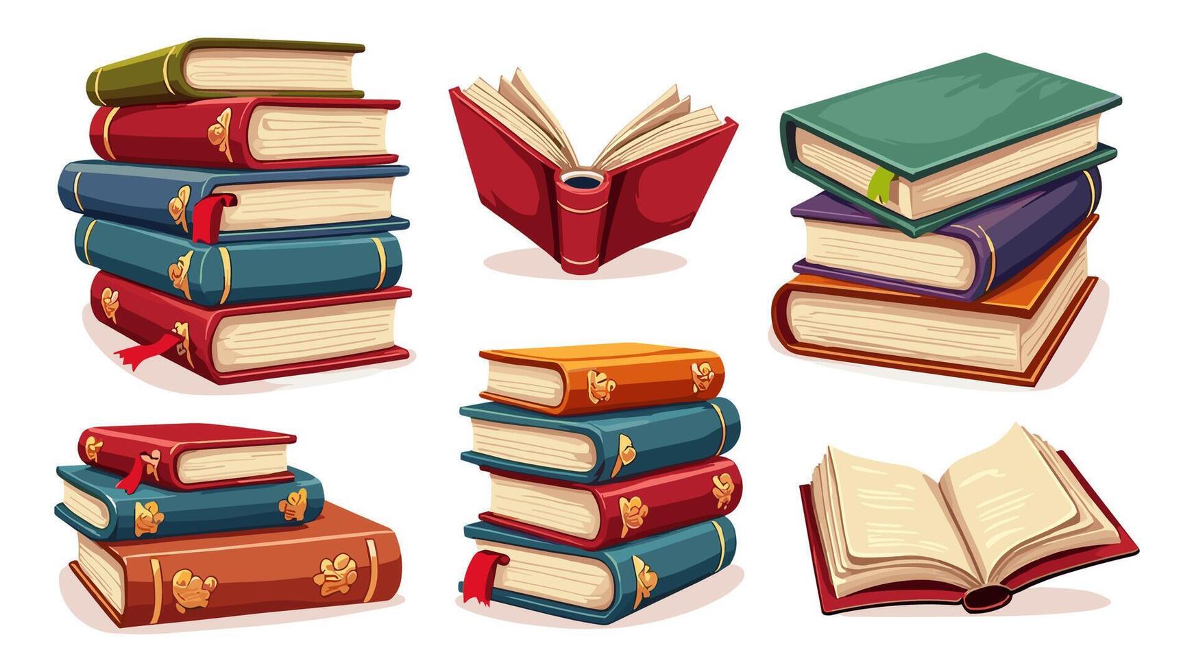 Colored flat illustration of a pile of educational textbooks and literature, including dictionaries and planners, isolated on a clean white background. vector