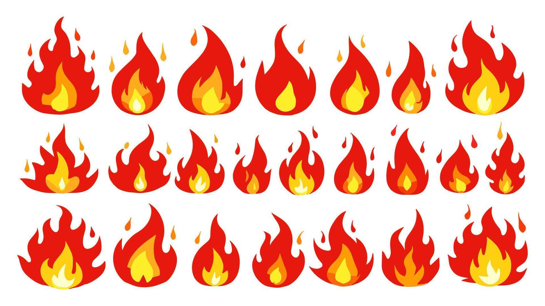 Cartoon flame illustration set featuring fire fireballs, red hot campfires, yellow heat wildfires, and bonfire silhouettes, all isolated. vector