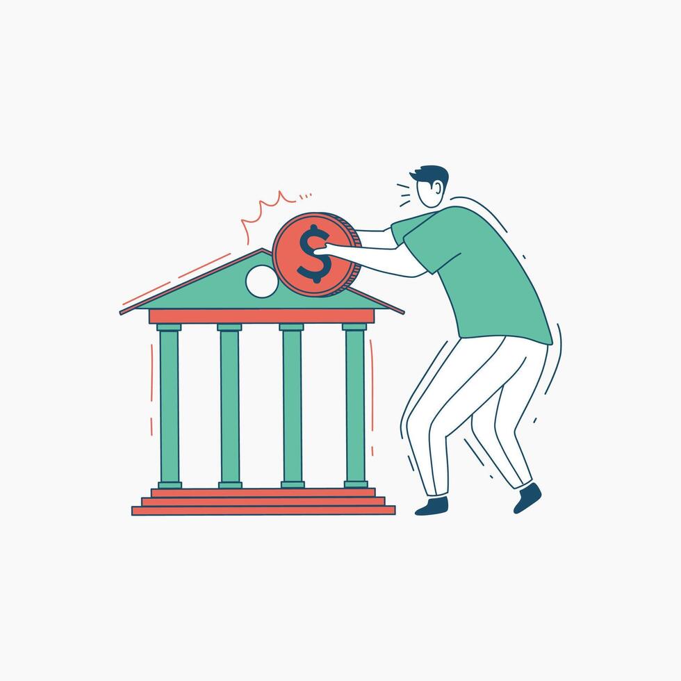 Man Pushing a Large Coin Against a Bank Building vector