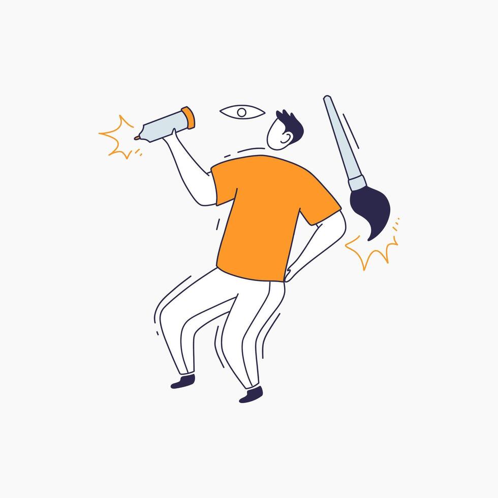A Man Holding a Marker With a Paintbrush Behind Him vector