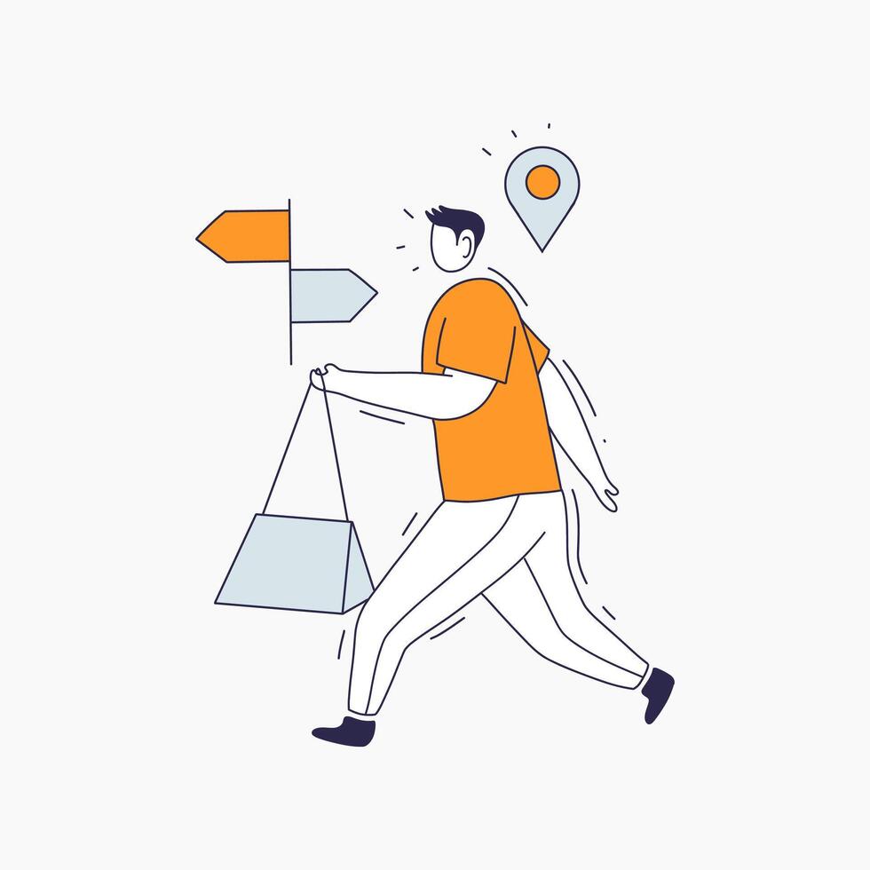 Man Walking with a Bag and Facing a Crossroads with a Destination Pin vector