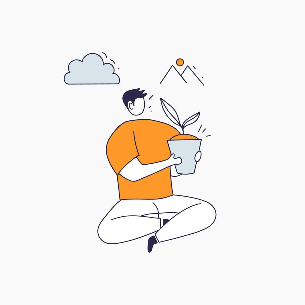 Man Sitting in a Lotus Position Holding a Potted Plant vector