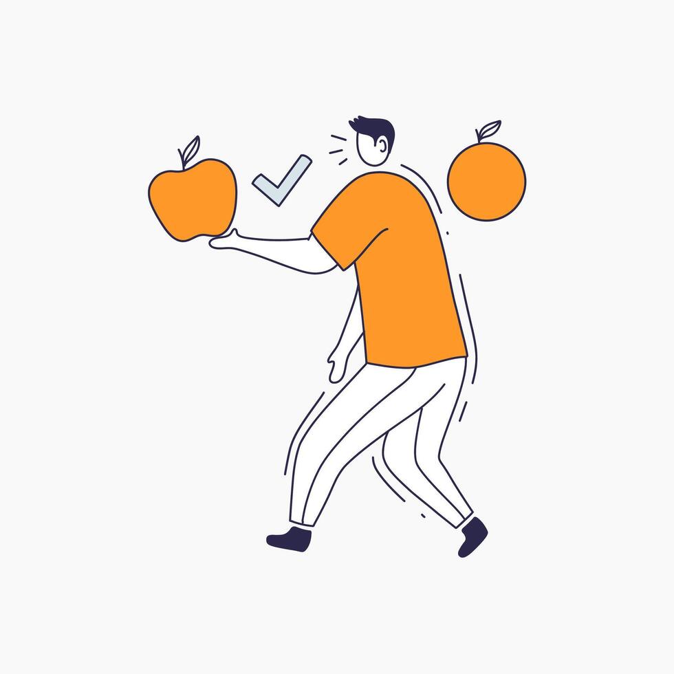 Person Choosing an Apple Over an Orange with a Checkmark vector