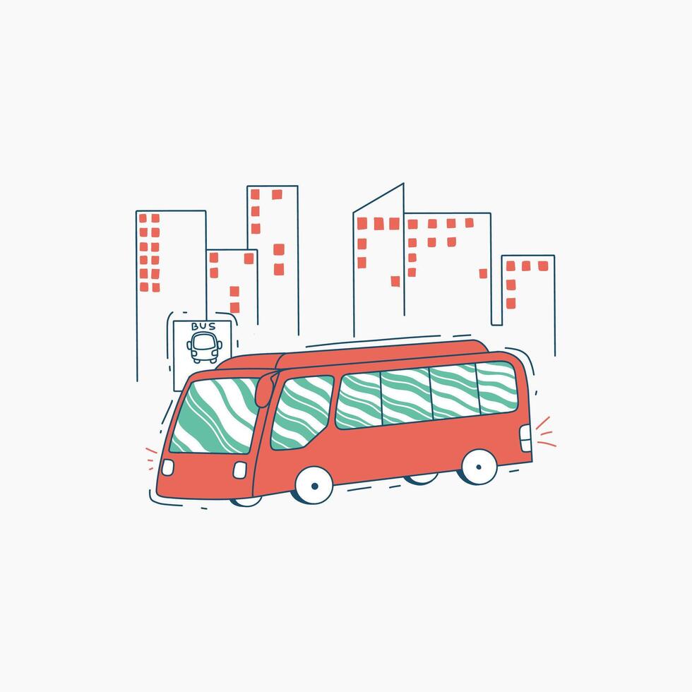 Red Bus Driving Past City Buildings with a Bus Stop Sign vector