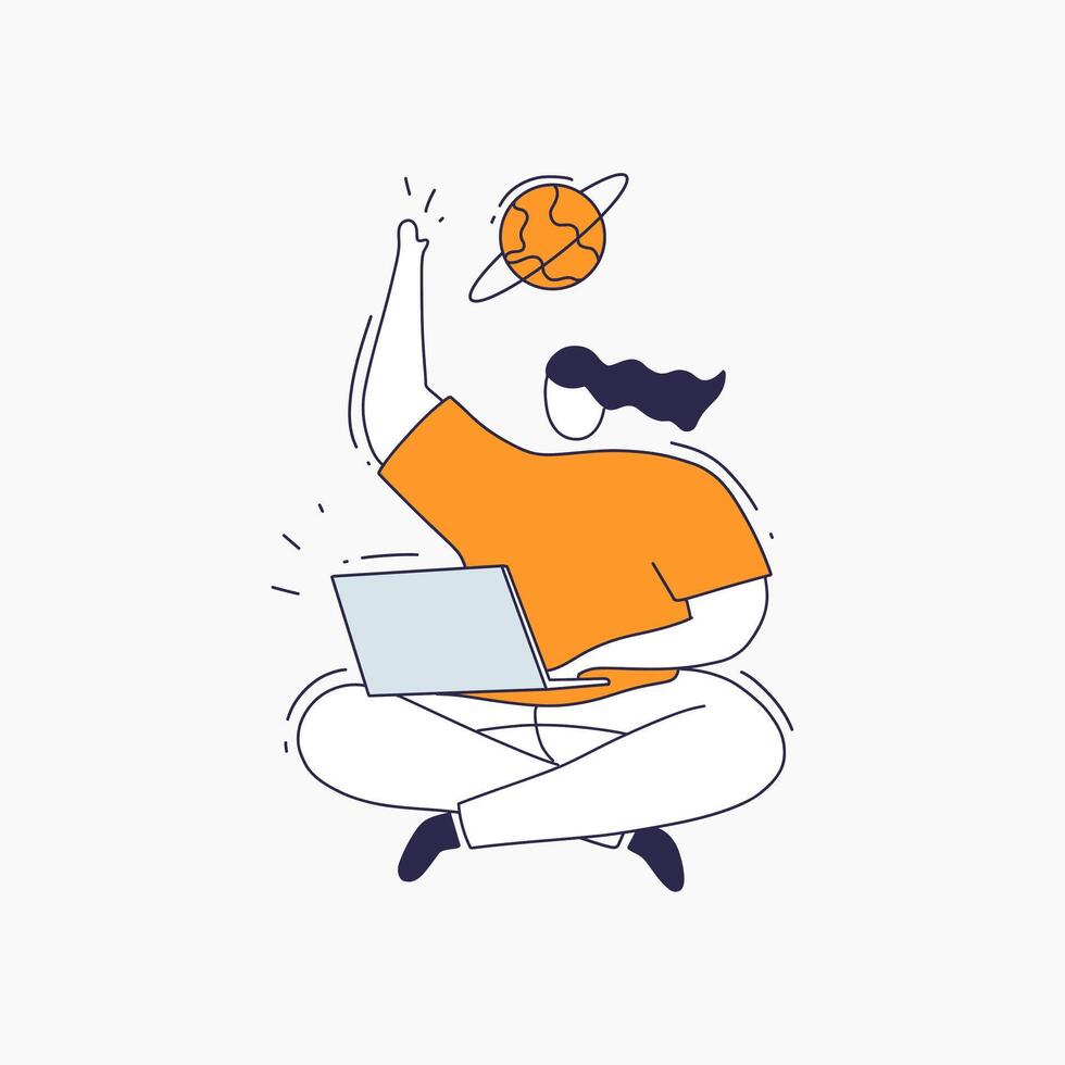 Woman Sitting with Laptop and Raising Hand Towards Globe vector