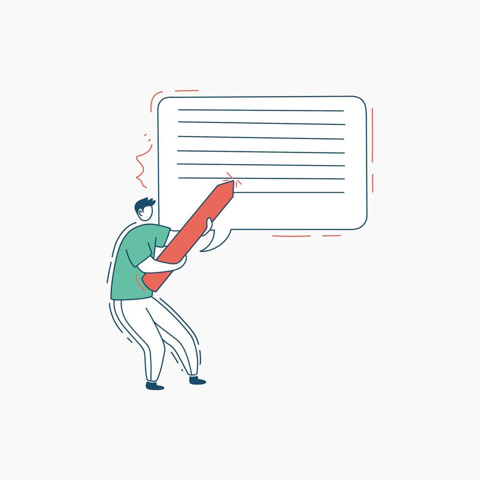 Man Writing on a Large Speech Bubble with a Pencil vector