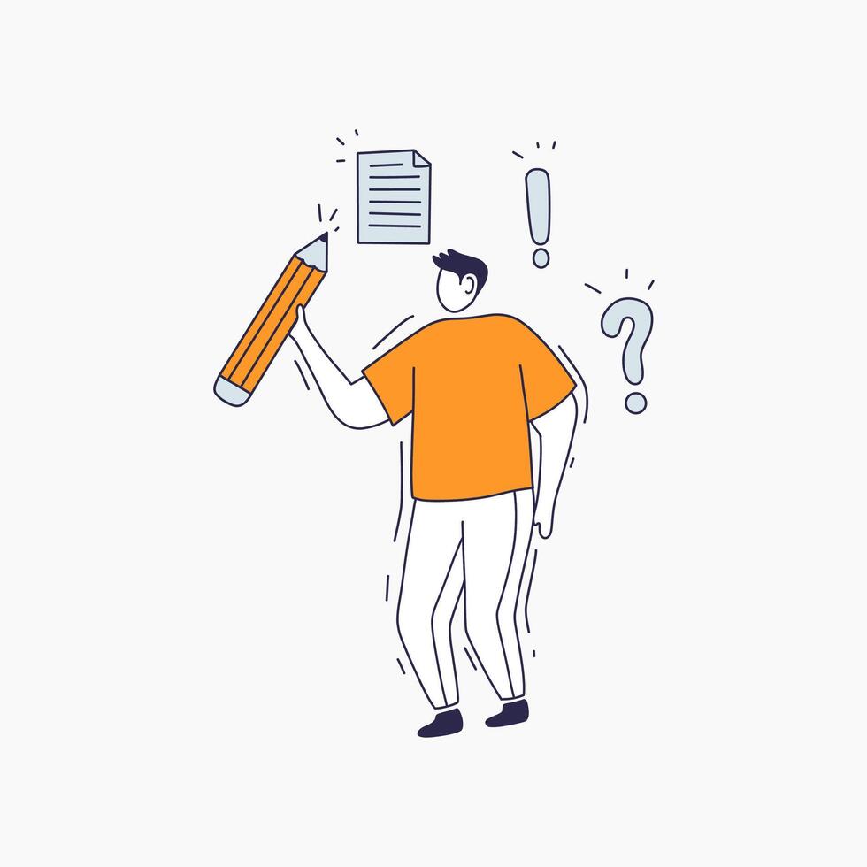 A Person Holding a Large Pencil Surrounded by Question Marks and Exclamation Points vector