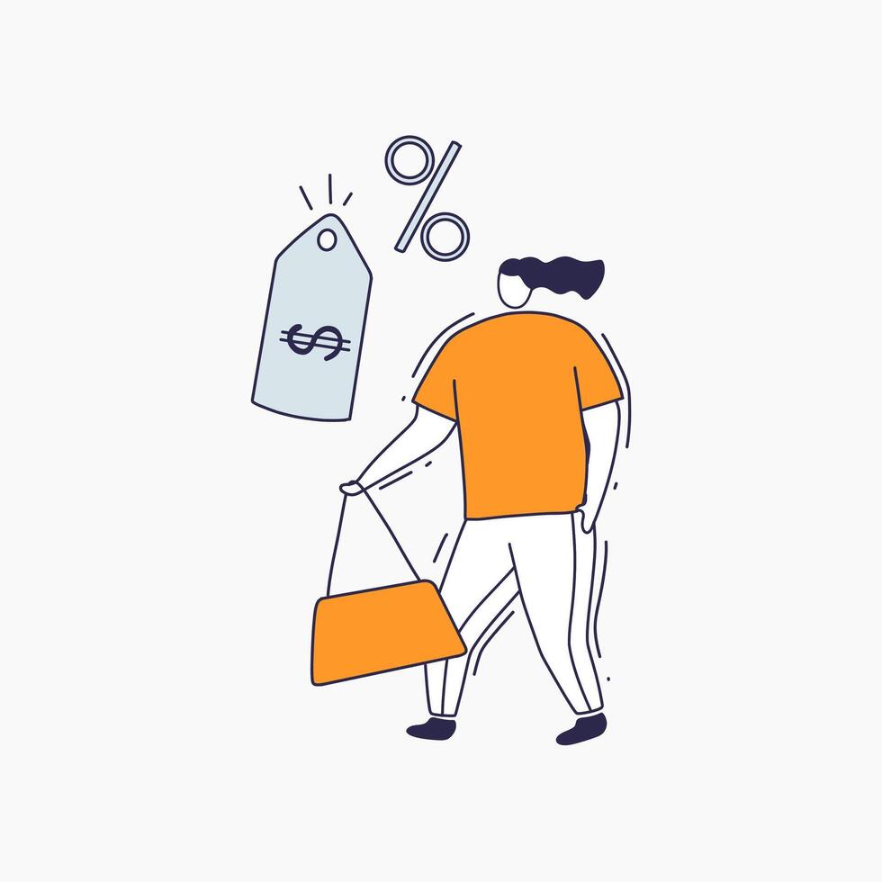 Cartoon Illustration of a Person Shopping with a Discount Tag and Percent Sign vector
