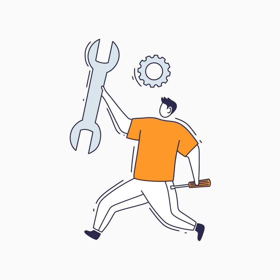 A Man Running with a Wrench, Screwdriver, and Gear vector