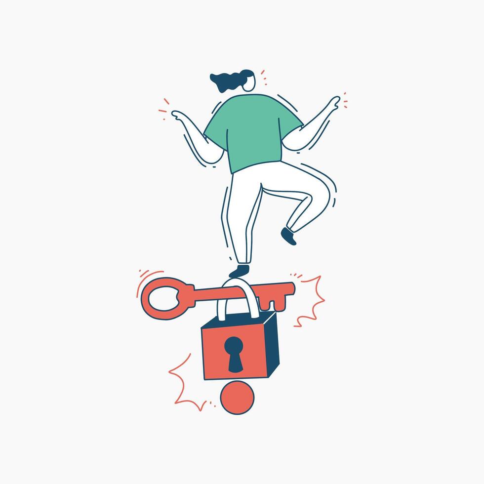 persona en pie en un llave terminado un candado con explotando efectos vector