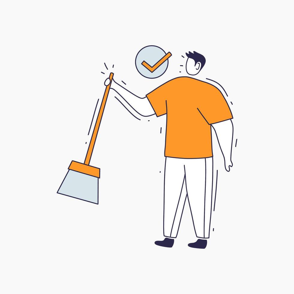 Man with Broom Holding a Check Mark Symbol vector