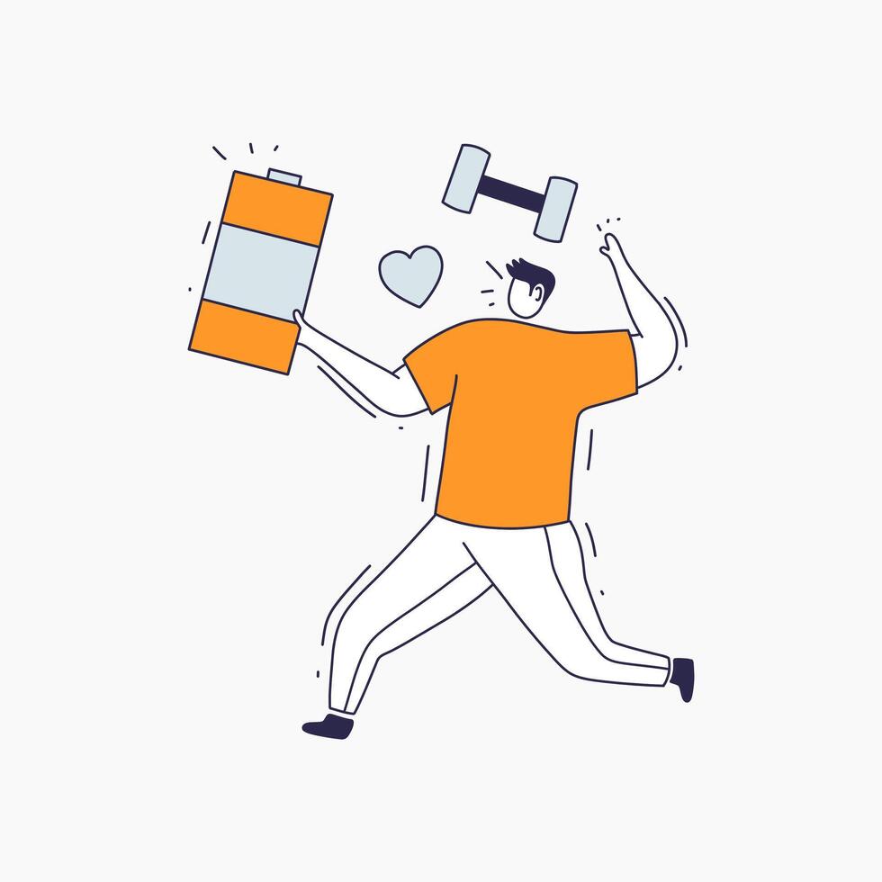 A man running with a battery, dumbbell and heart in his hand vector