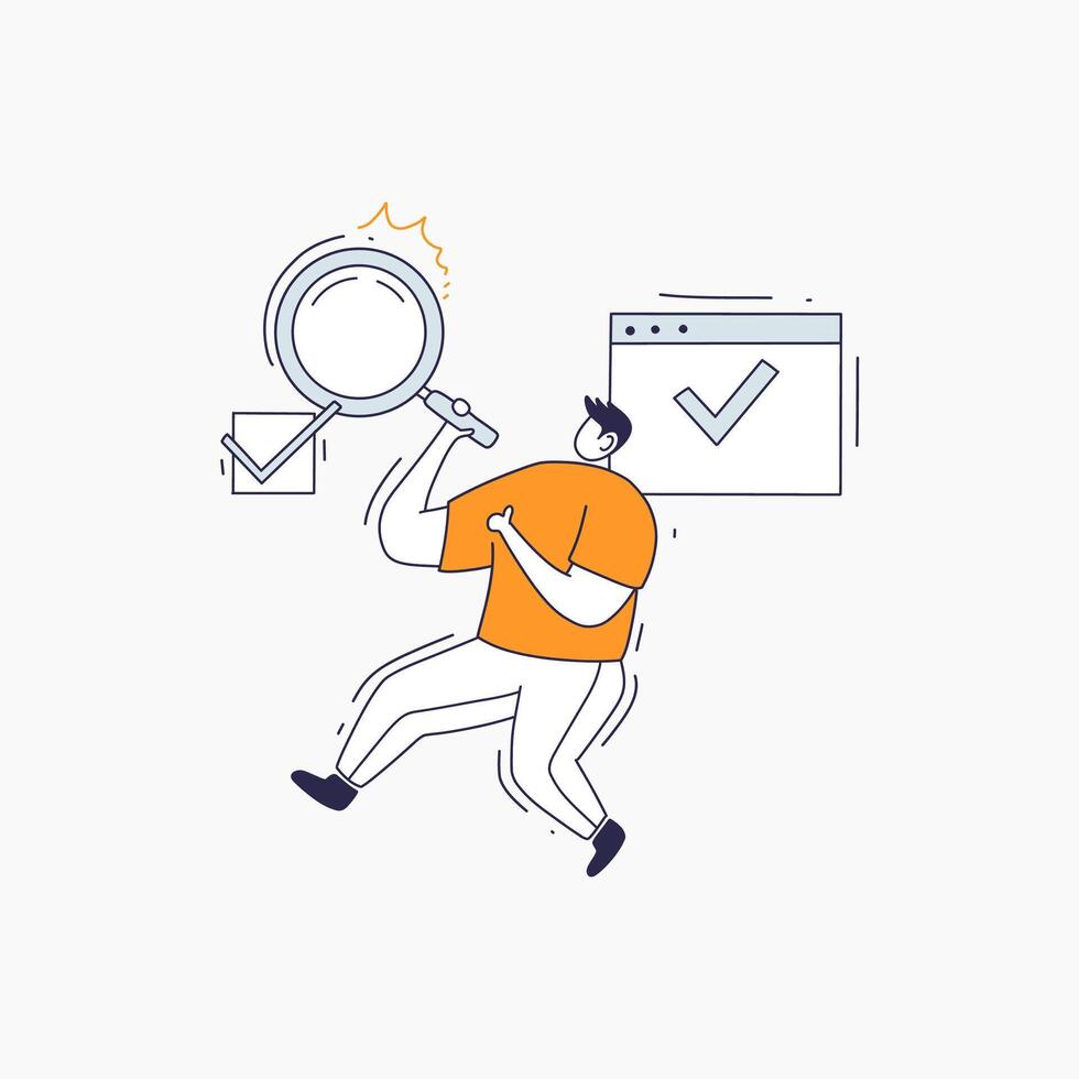 Person celebrating success with a magnifying glass and check marks vector