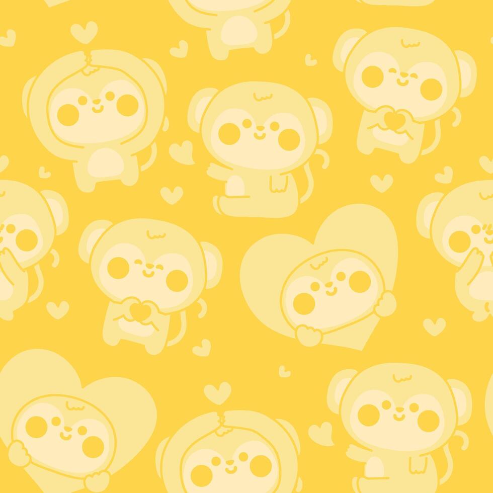 Seamless pattern of cute monkey in love concept line hand drawn yellow background.Heart.Valentines.Wild animal character cartoon design.Kawaii.Illustration. vector