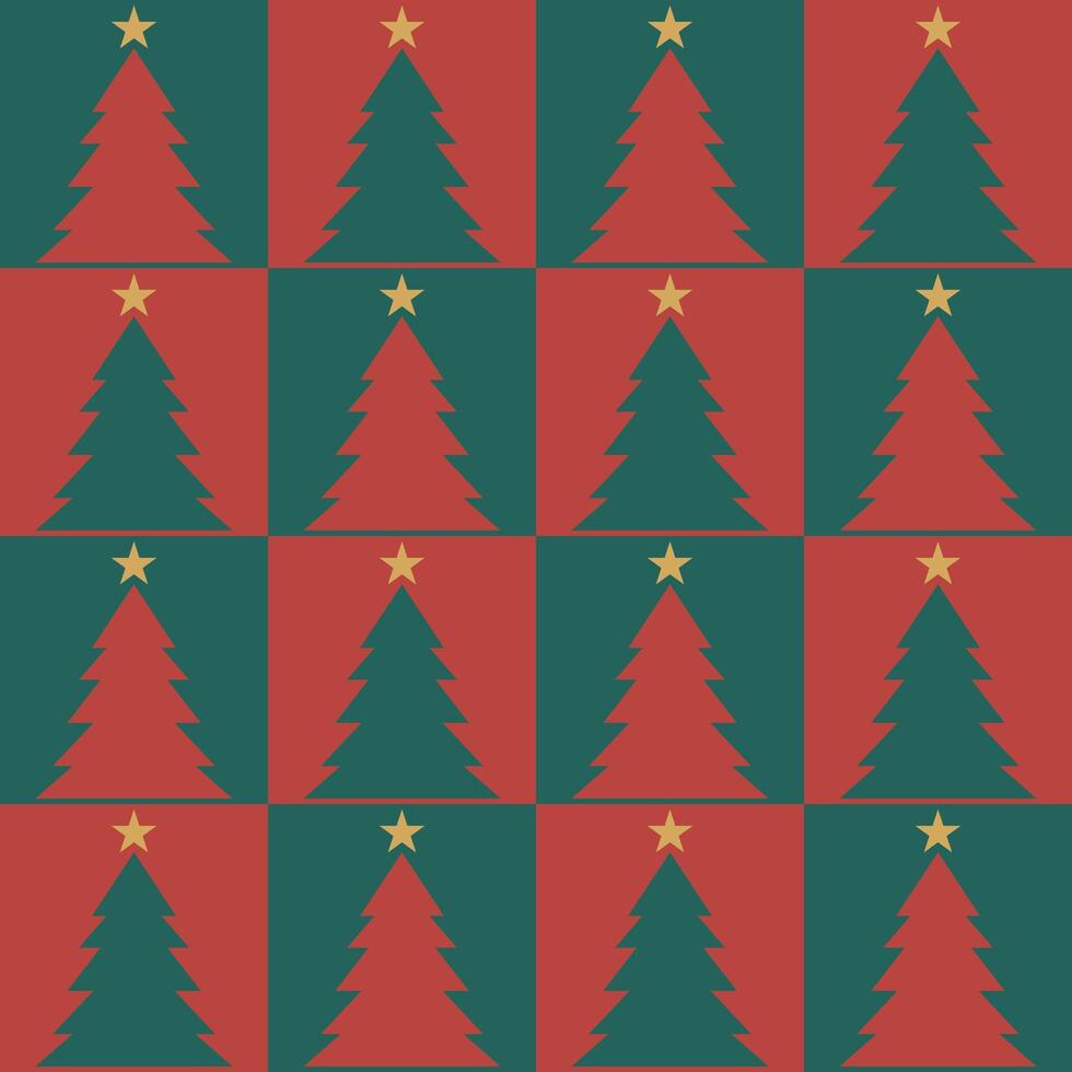 Christmas tree and star on top in square grid geometric red green color, seamless pattern use for wrapping paper on gift box. vector