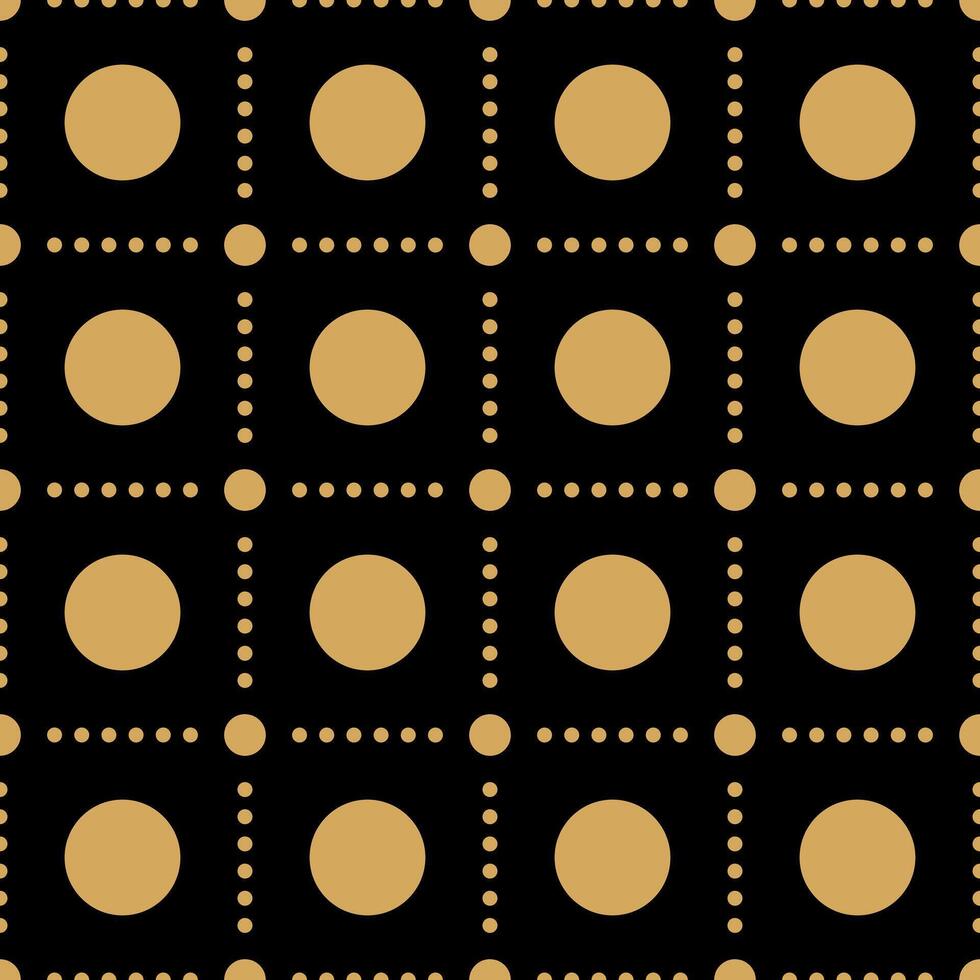 Golden Polka dot on black background with small dots border around big dot, seamless repeating pattern. vector
