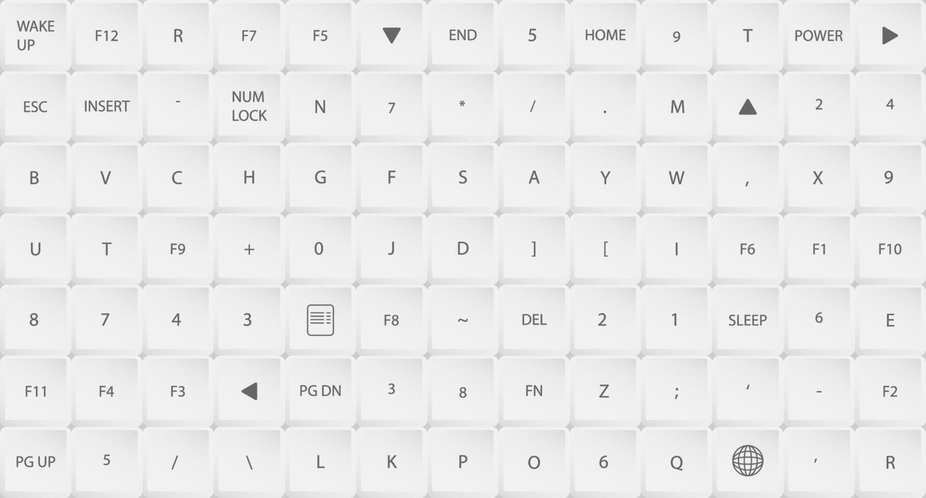 Rectangular white computer keyboard buttons with chaotically mixed symbols and letters. Gray horizontal copy space for design of web pages and interface. background vector