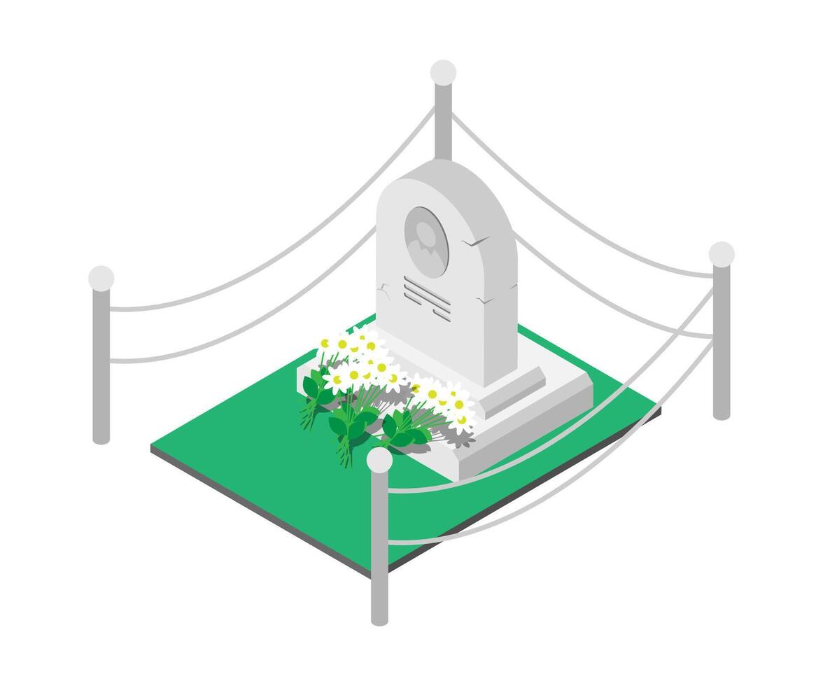 Isometric tombstone monument of a famous person with bouquets of flowers laid by fans and admirers. 3D isolated on white background vector