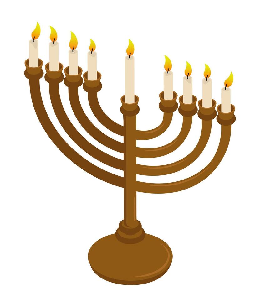 Isometric Hanukkah Jewish traditional Menorah candlestick with lit candles. 3D isolated on white background vector