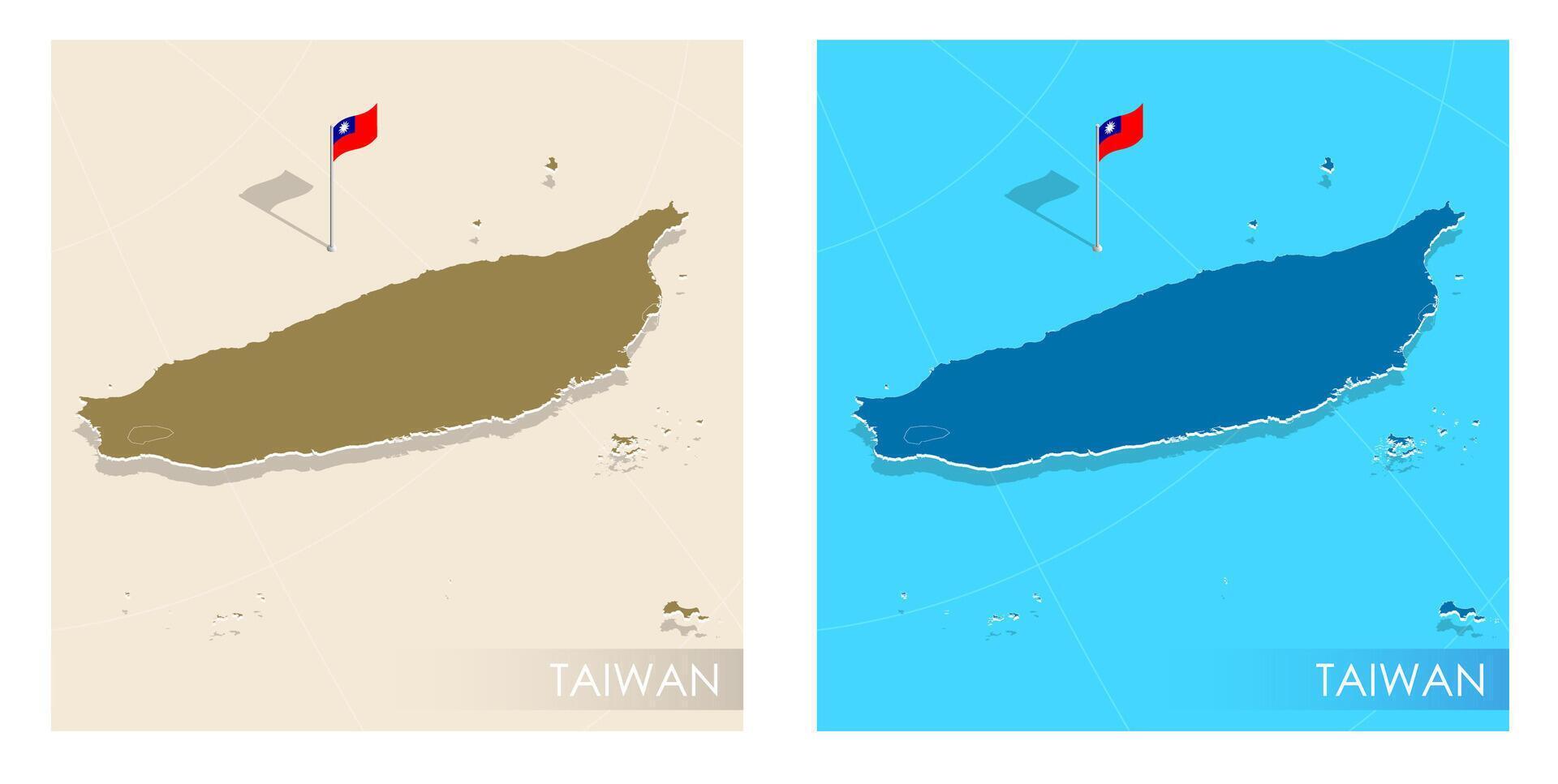 Taiwan country flag installed on geographic positioning map point of country territory. Taiwan commonwealth banner on land and sea. Festive patriotic HD format template for independence day vector