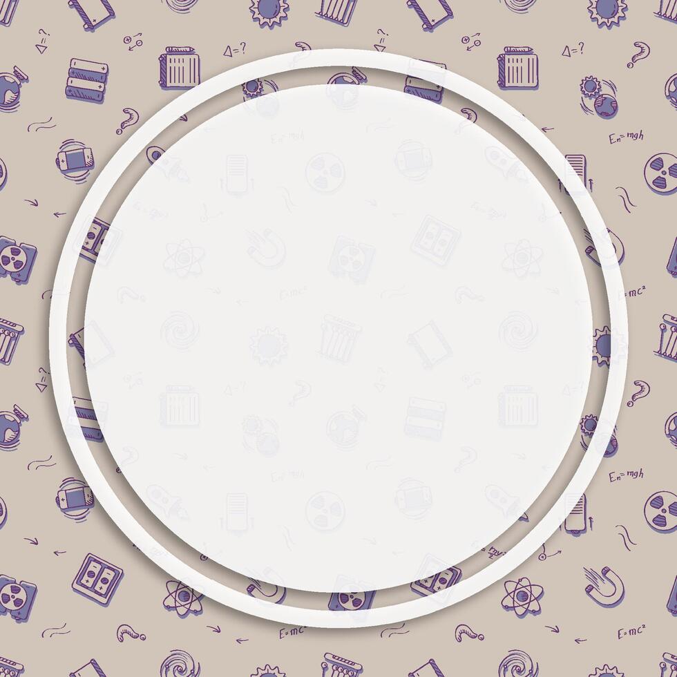 Circle frame, background on seamless pattern with doodle linear icons. Magnet, radiation, energy, kinetic, solar, battery. Media network posting back vector