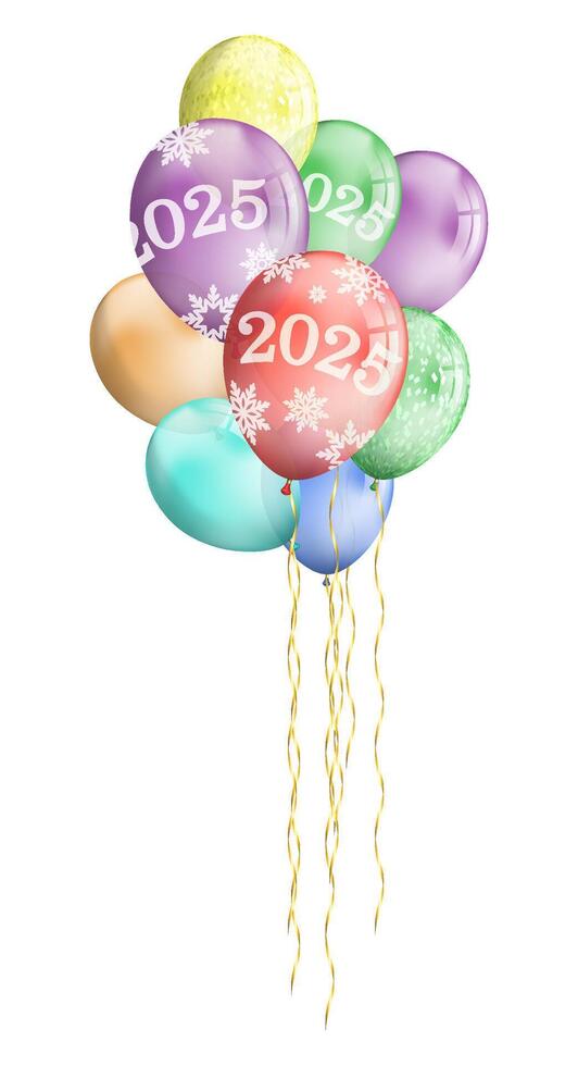 Garland of realistic Inflatable new year balls with inscription 2025. Holiday greeting card decorative element. Realistic color vector