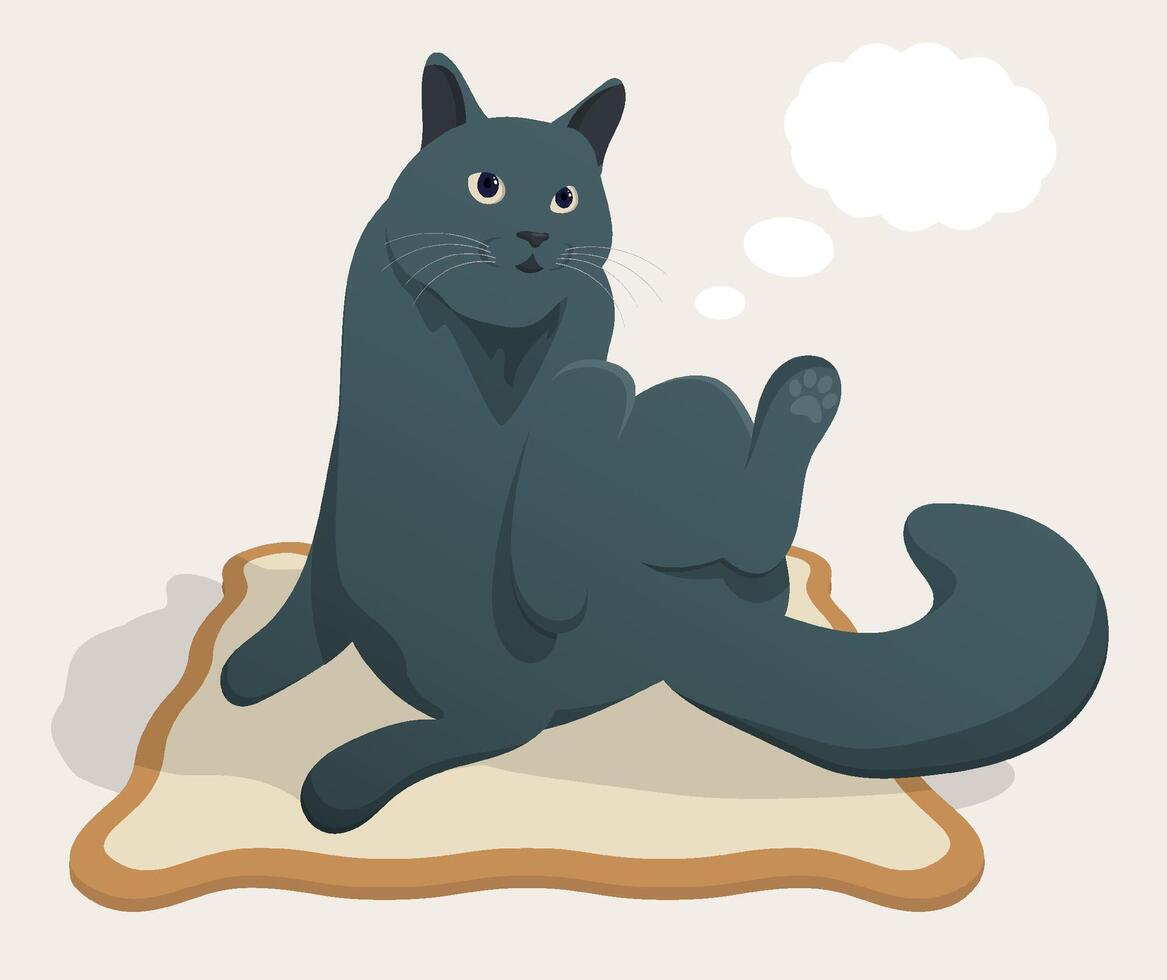 Impudent fat cat sits relaxed on rug. and dreams of food. Bubbles, clouds for text fly near head of gray cat. Cartoon vector