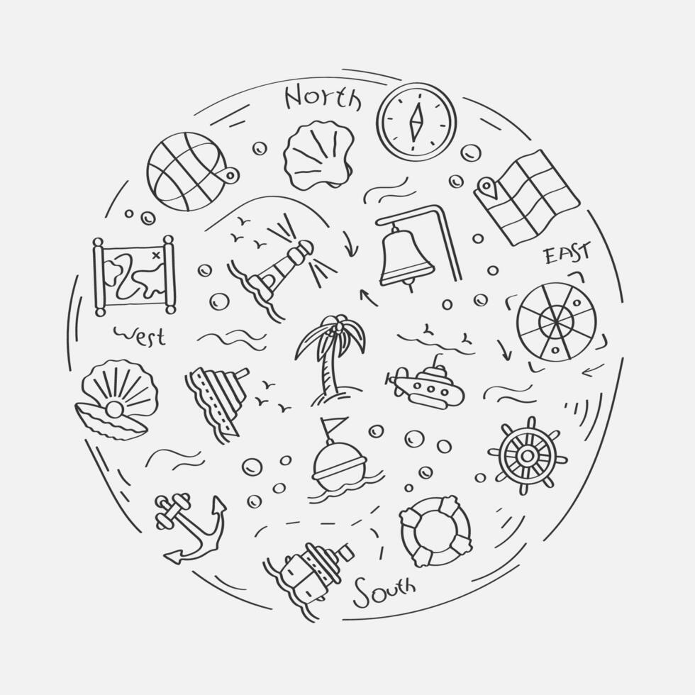Set of doodle linear icons. Submarine, lifebuoy, buoy on waves, compass, map, shell, boat wheel, lighthouse, ship, anchor. Linear set vector